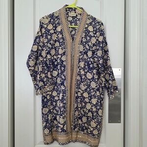 Navy Floral Kaftan with Cream Motif and Embellished Trim